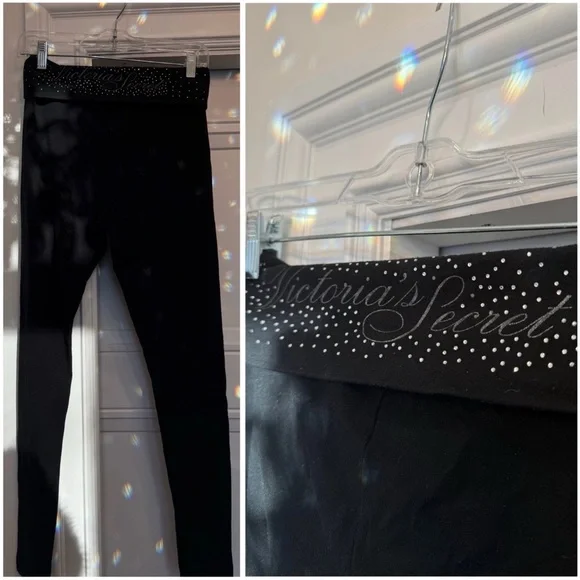 VICTORIAS SECRET FOLD OVER LEGGINGS BLACK BLING CRYSTALS SMALL - Picture 1 of 6